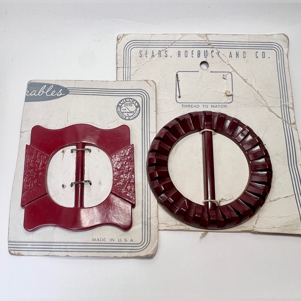 Bakelite Belt Buckles Two Vintage Red Art Deco New Old Stock Collectors Pair - Picture 1 of 11